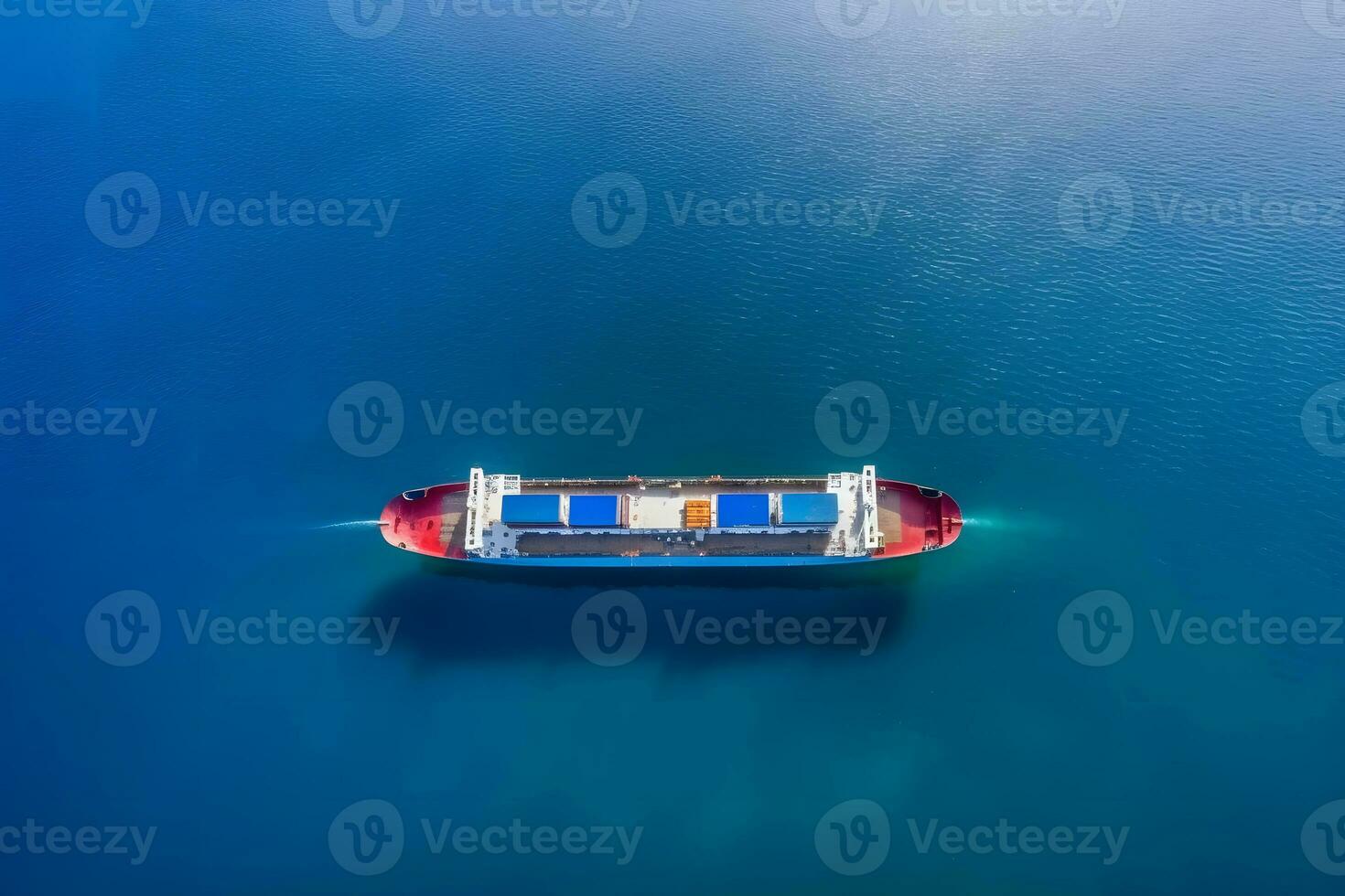 Aerial top view of cargo maritime ship with contrail in the ocean ship carrying container. Neural network AI generated photo