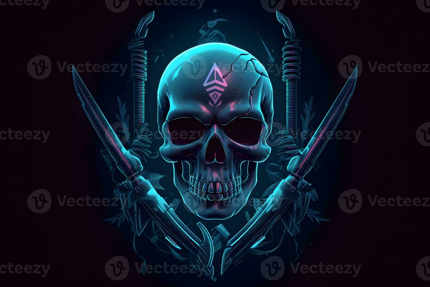 Blue punk cyber human skull with weapon. Neural network AI generated photo