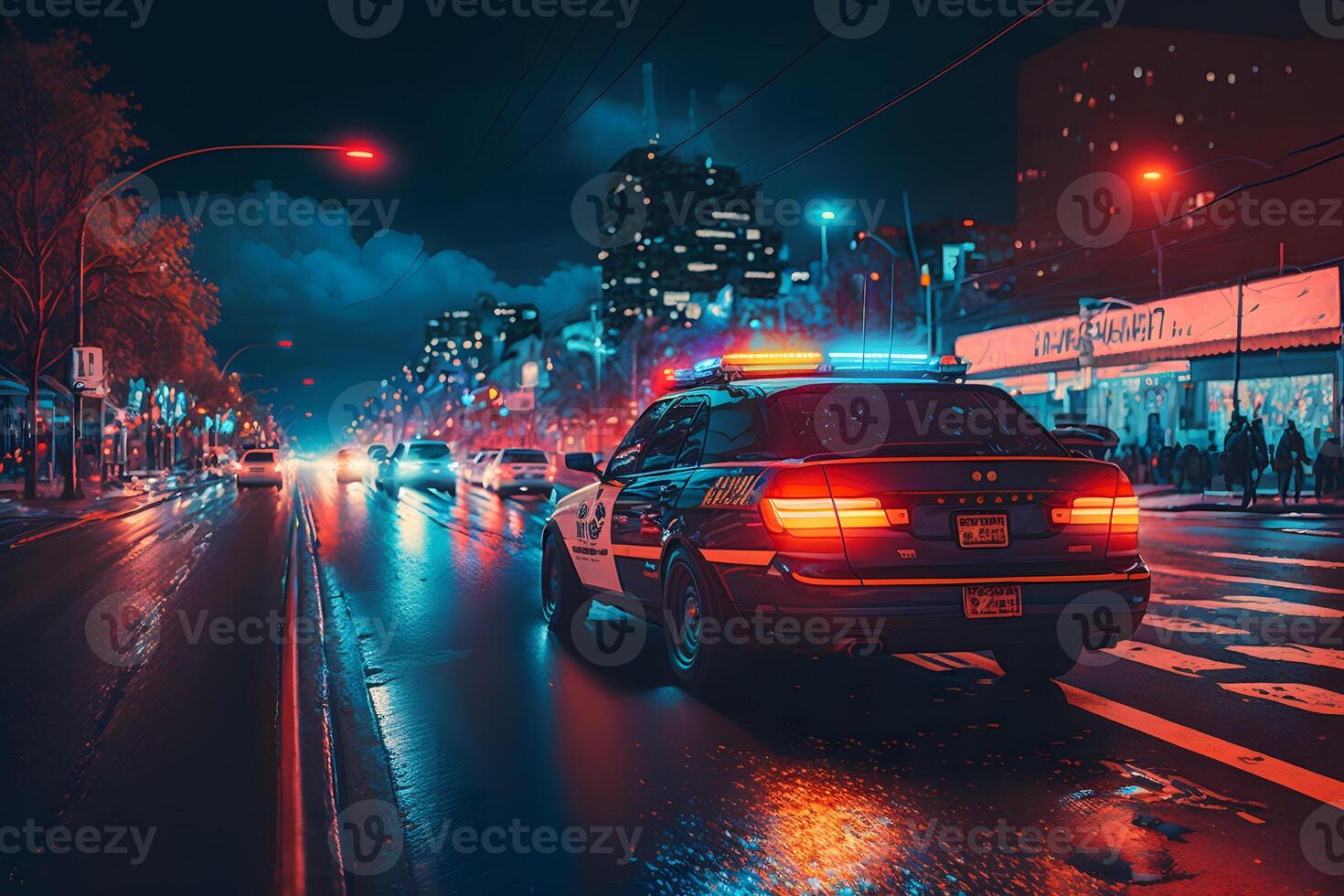 Blue light flasher atop of a police car. City lights on the background. Neural network AI generated photo