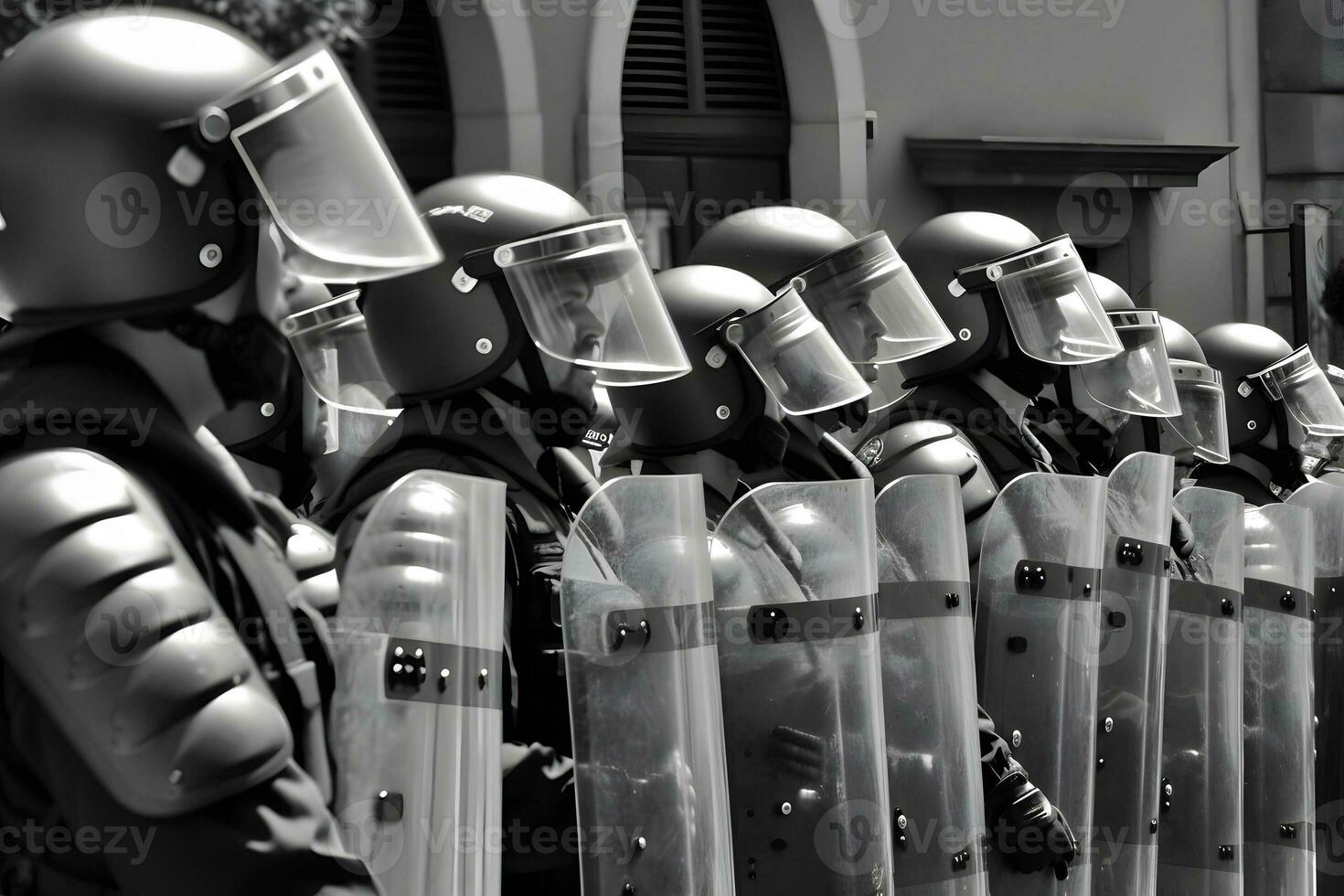 Low angle of anonymous police soldiers in protective uniforms and helmets standing against squad van and defending by riot shields. Neural network AI generated photo