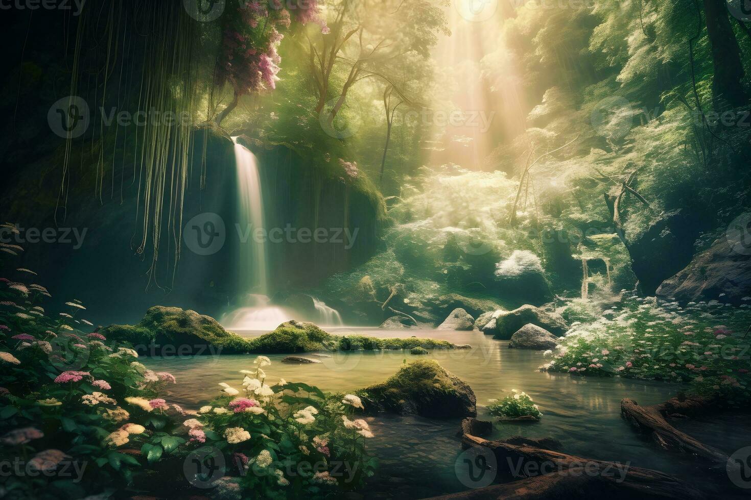 Beautiful fairytale landscape with a waterfall. Neural network AI generated photo
