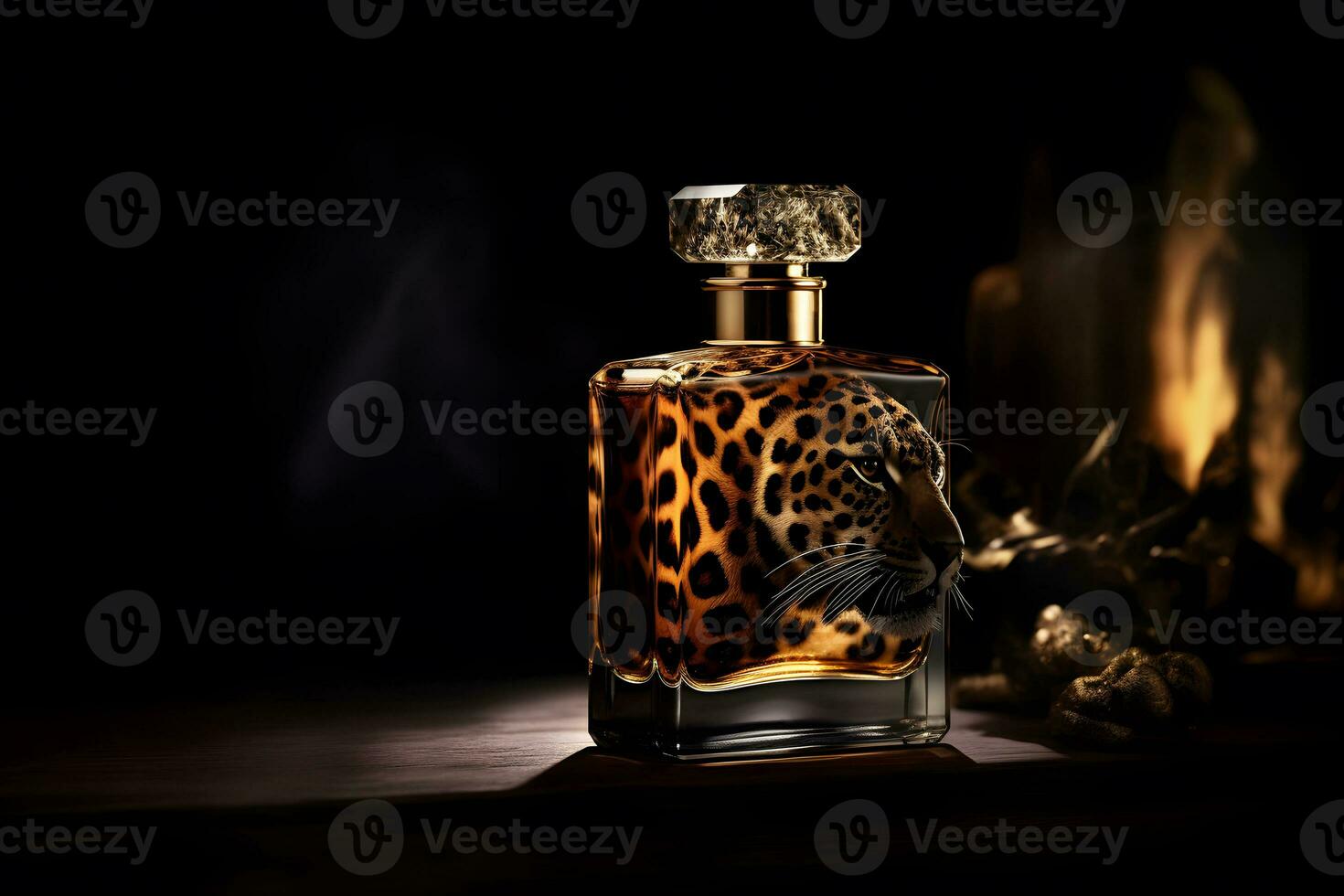 De las mujeres perfume en un vaso botella en un oscuro antecedentes en leopardo salvaje diseño. neural red ai generado foto