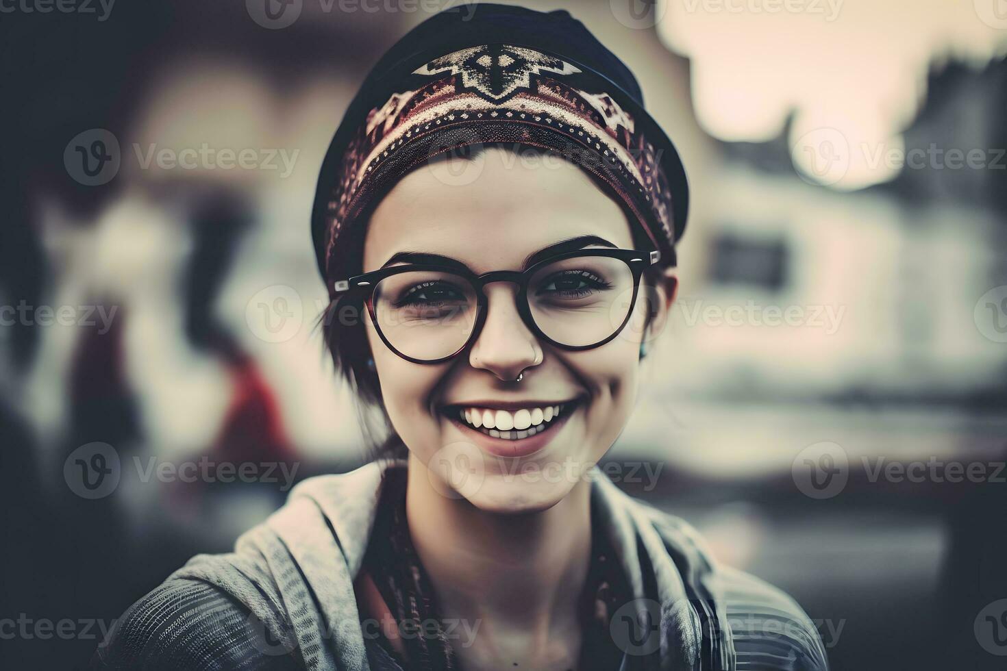 Close up portrait of young woman in turban. Neural network AI generated photo