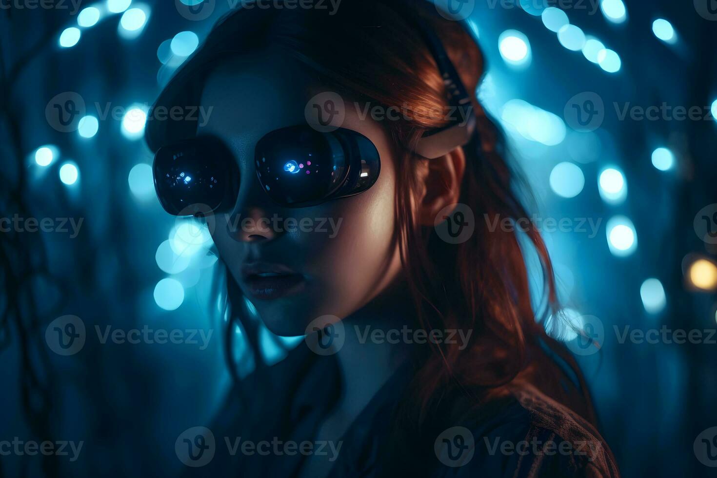 Girl with virtual reality glasses. Neural network AI generated photo