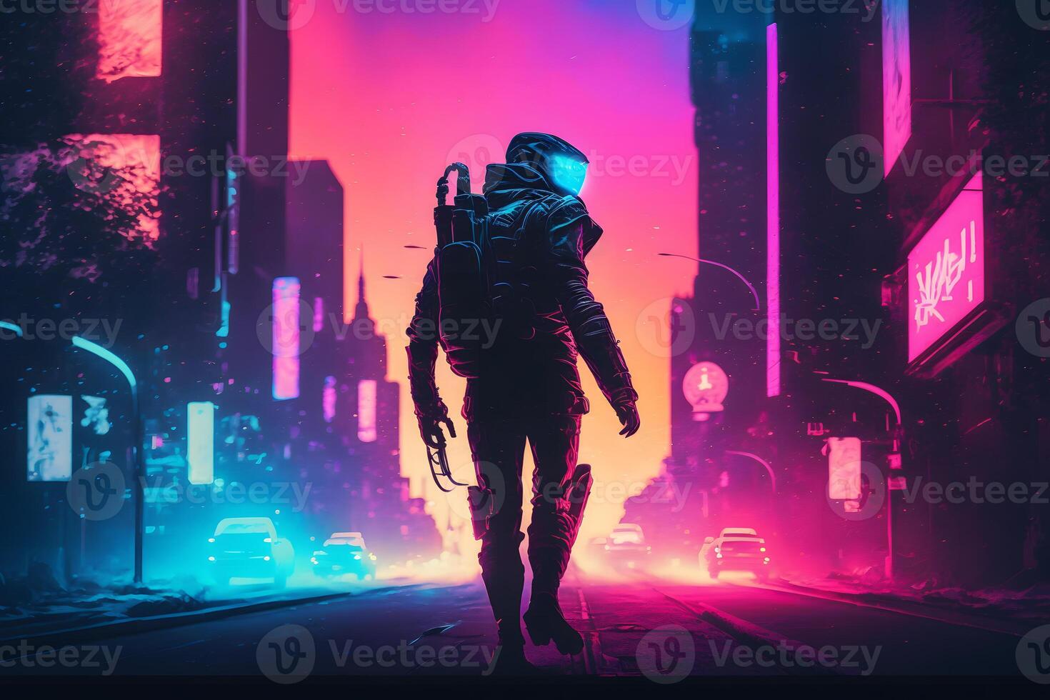 Character silhouette in neon city. Neural network AI generated photo