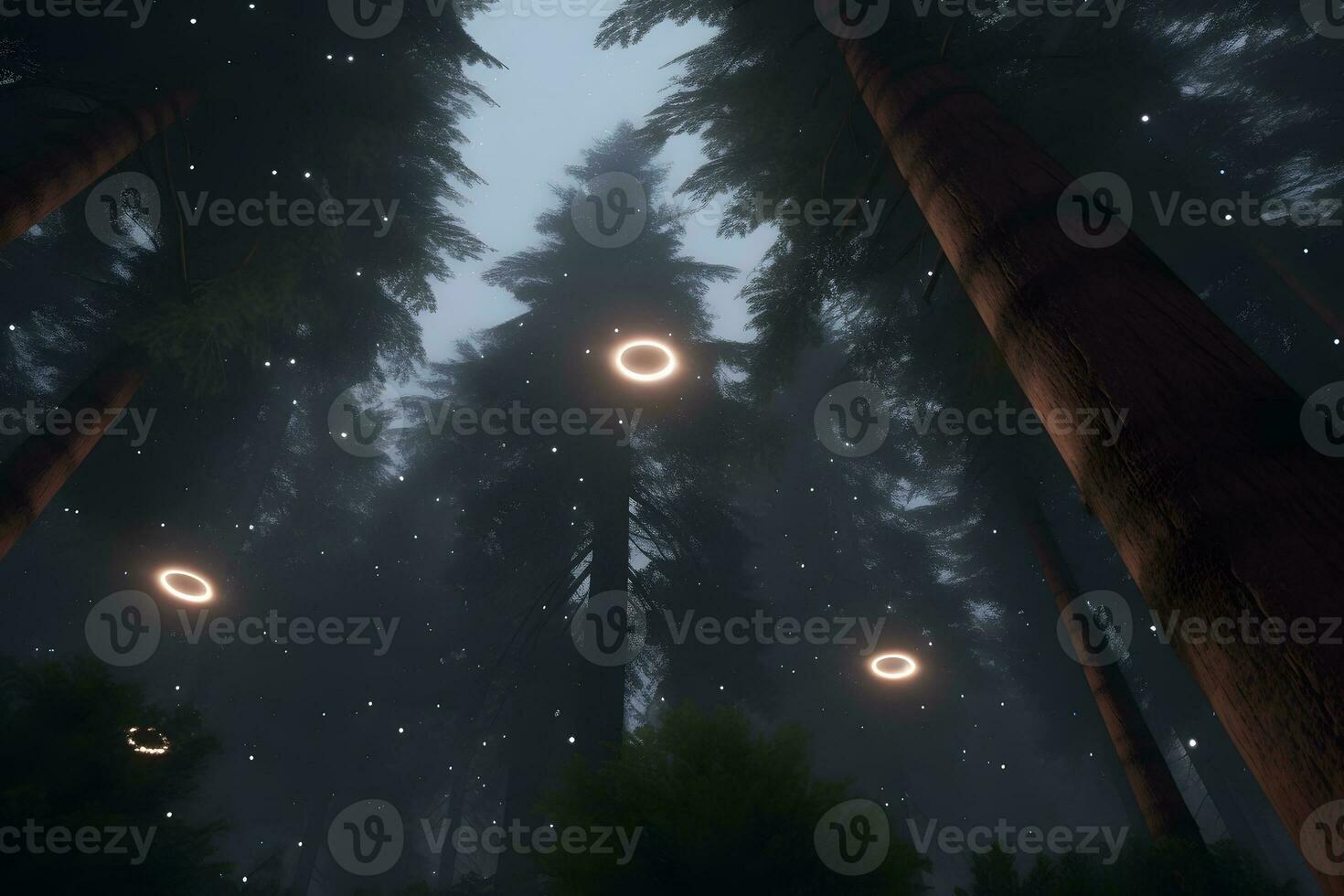Low key image of UFO hovering over a forest at night with light beam. Neural network AI generated photo