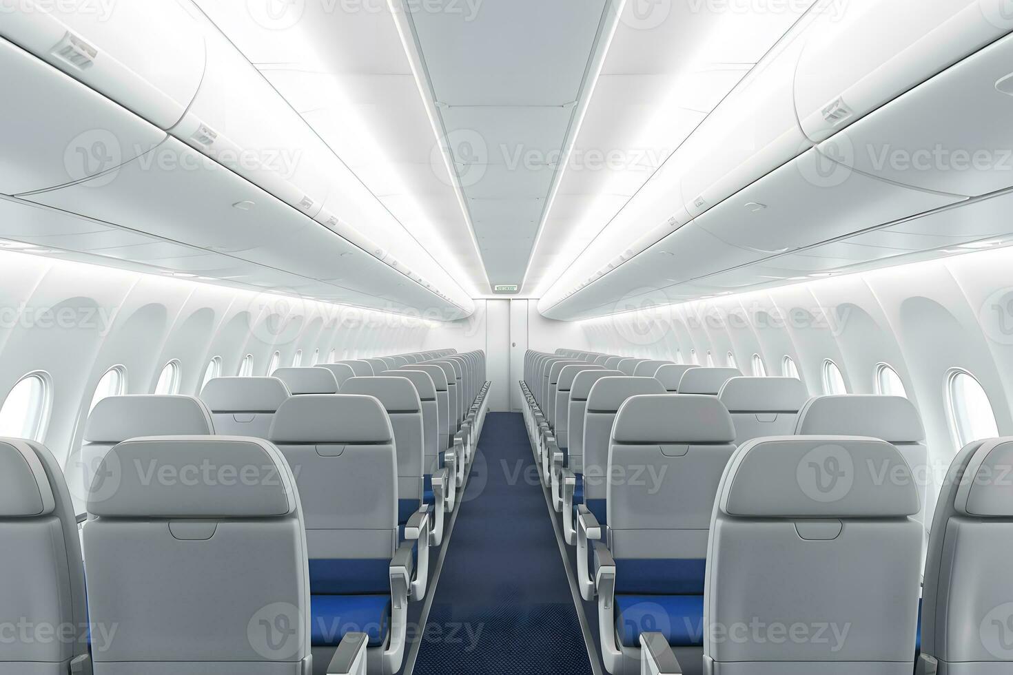 Inside empty passenger aircraft cabin. Neural network AI generated photo