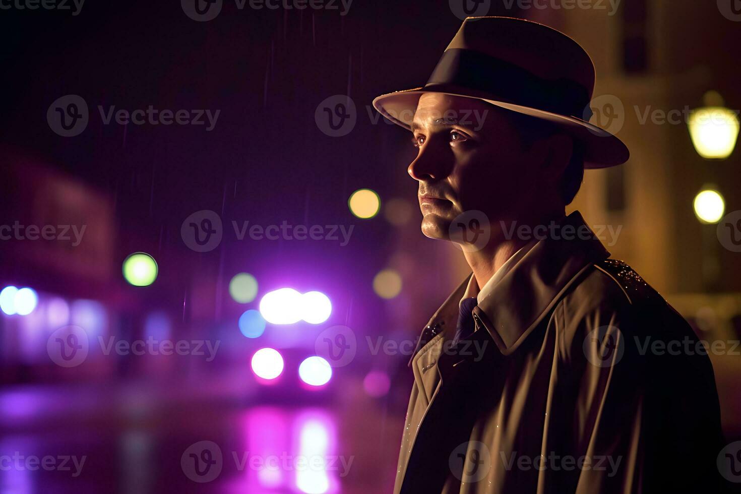 Detective in the rain in the night city. Neural network AI generated photo