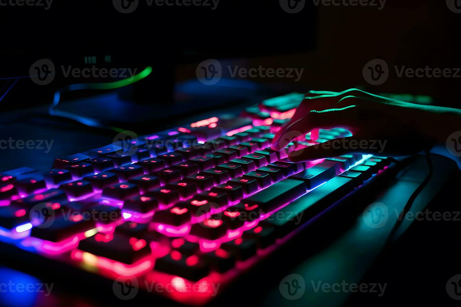 Hacker uses keyboard, shakes buttons with fingers to crack password. Internet security concept, cyber attack. Neon blue color. Neural network AI generated photo