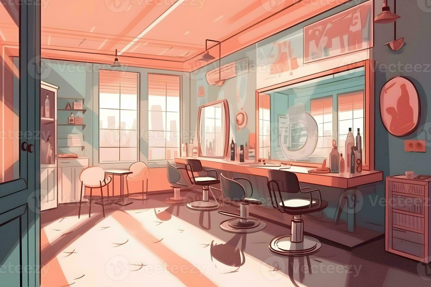 Sketch visualization of the interior of a beauty studio in coral colors. Neural network AI generated photo