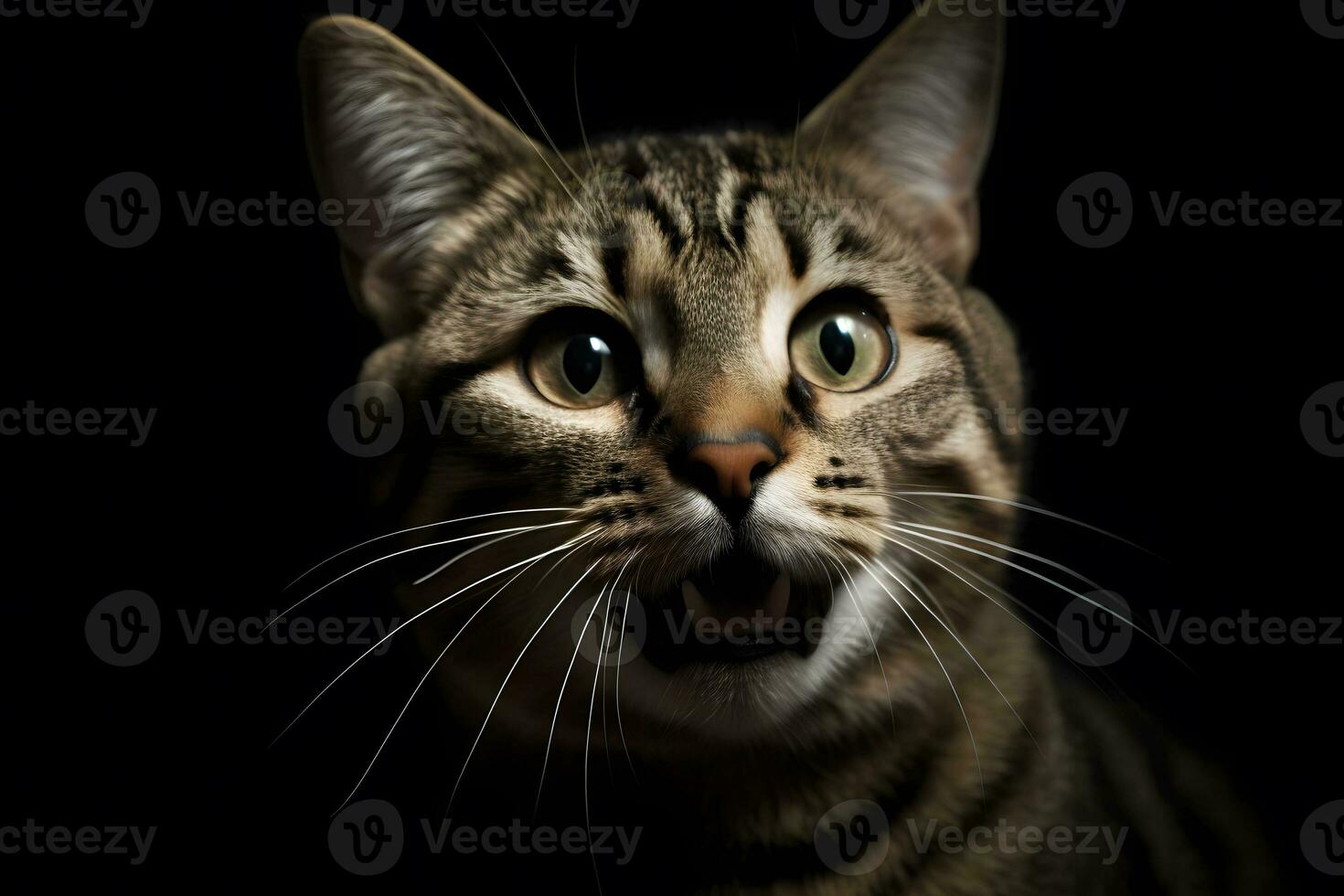 Portrait of a meowing tabby cat. Neural network AI generated photo