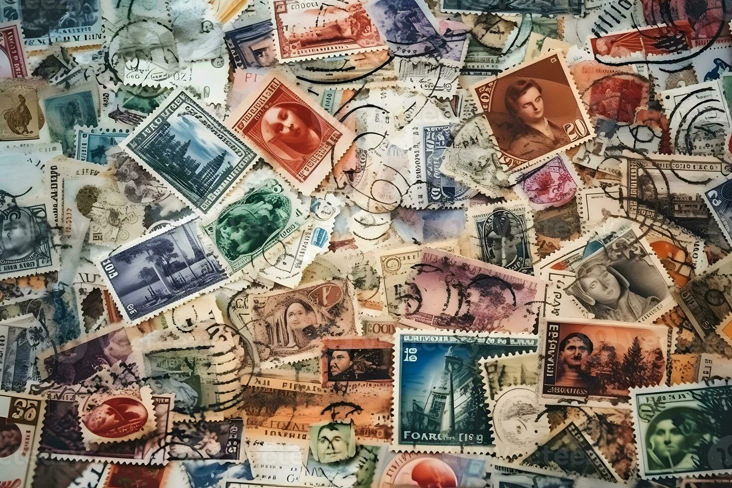 Lots of postage stamps background. Neural network AI generated photo