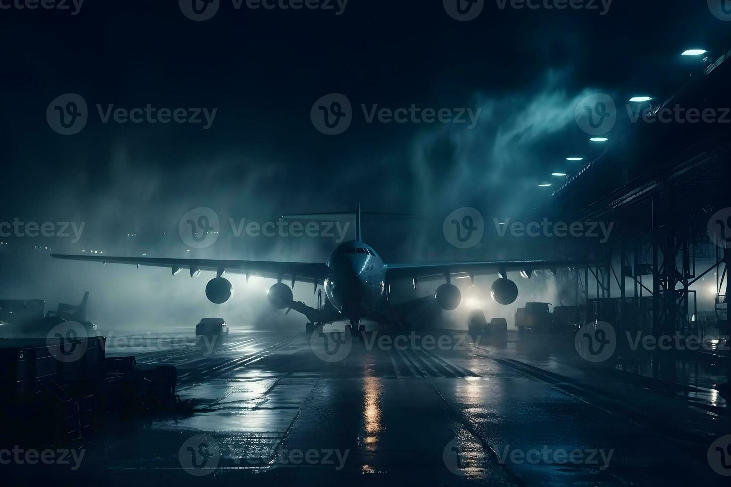 Airplane at the airport at night in the rain. Neural network AI generated photo