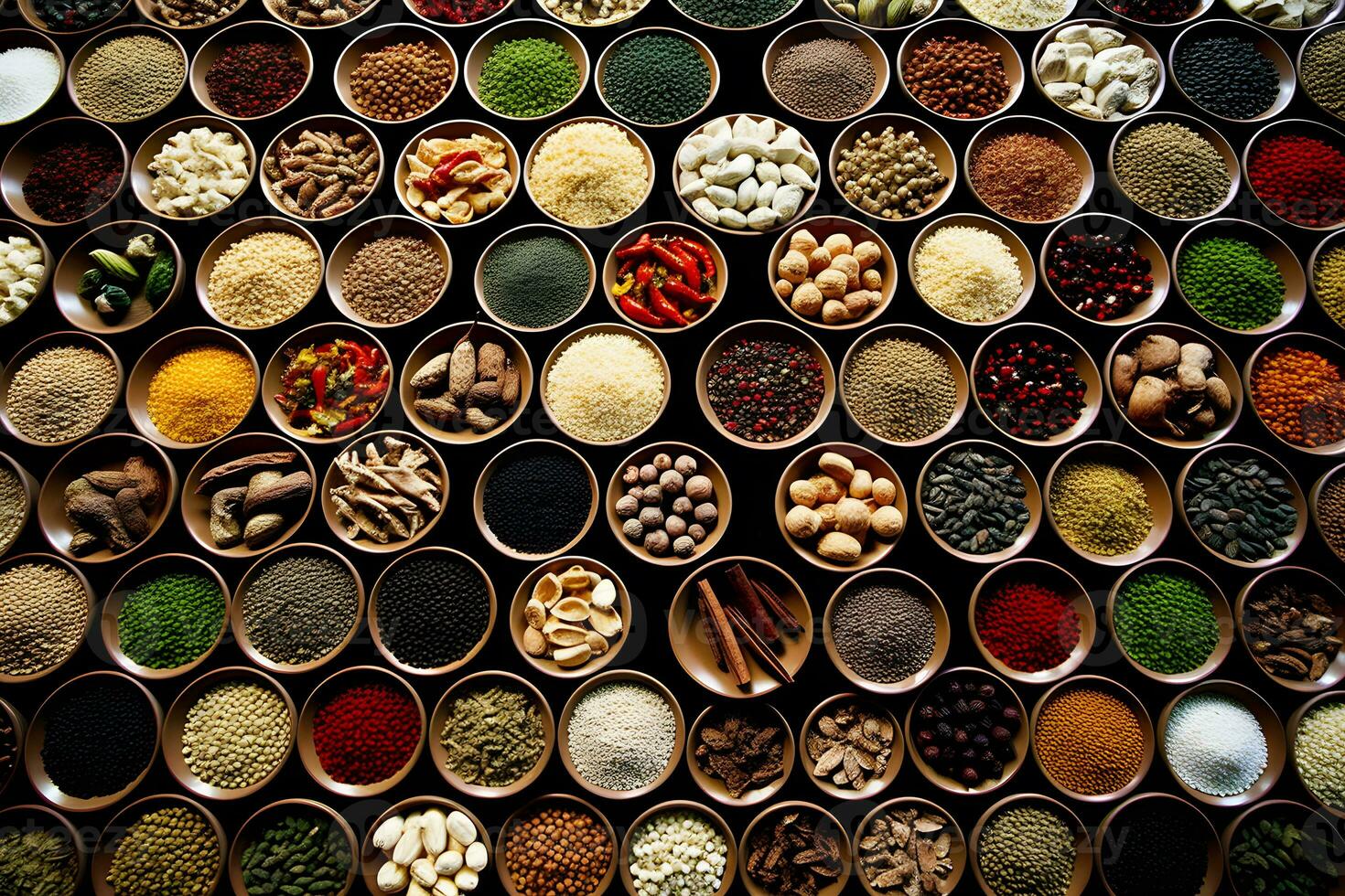 Many different types of herbs and spices. Neural network AI generated photo