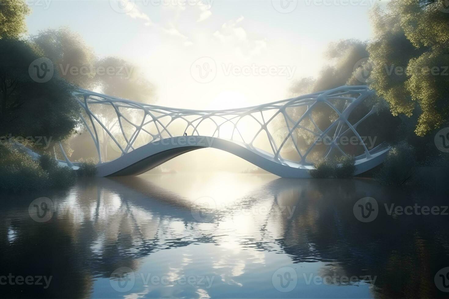 View on beautiful park in springtime with roamantic white bridge. Neural network AI generated photo