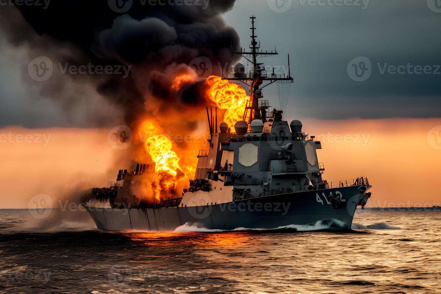 War concept. Night battle scene at sea. warship on fire. Neural network AI generated photo