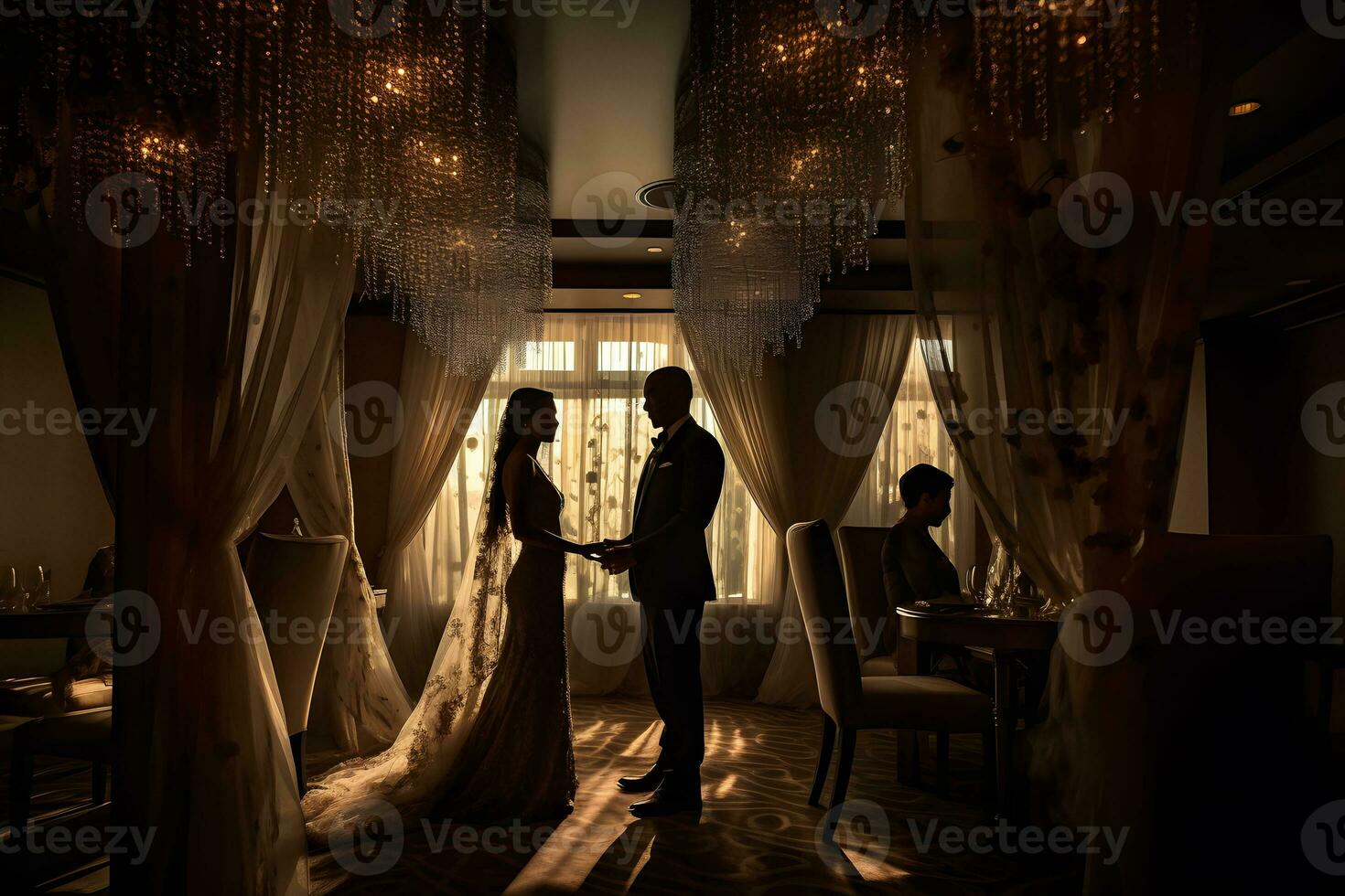 Wedding couple indoors is hugging each other. Neural network AI generated photo