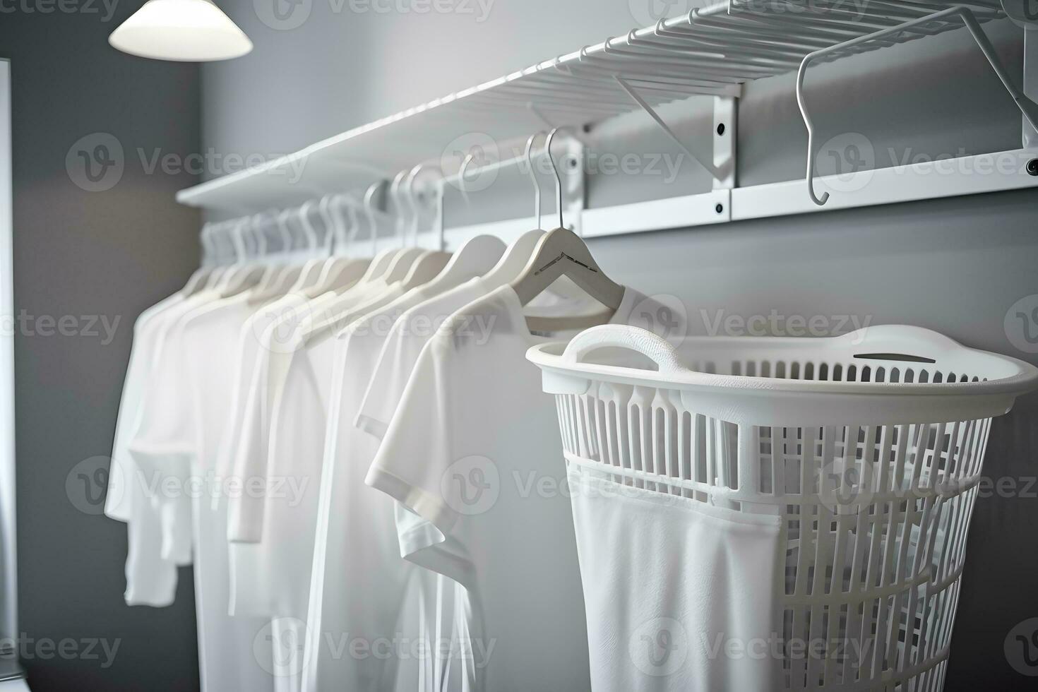 Clean clothes on hangers in the laundry room. Neural network AI generated photo