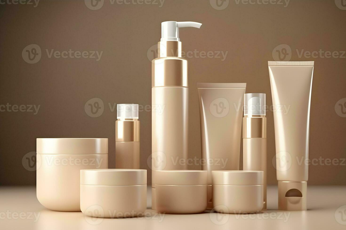 Mockup of cosmetics bottles in beige tone. Neural network AI generated photo