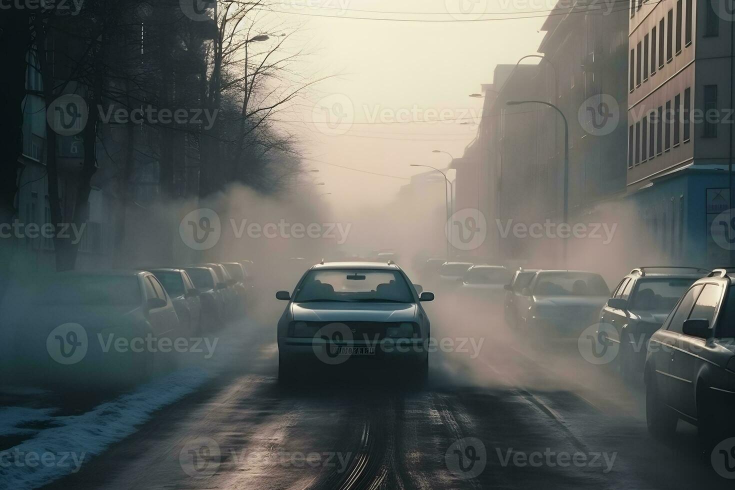 aire contaminación desde el cansada de carros en el ciudad durante el frío día, ambiental contaminación en el ciudad. neural red ai generado foto