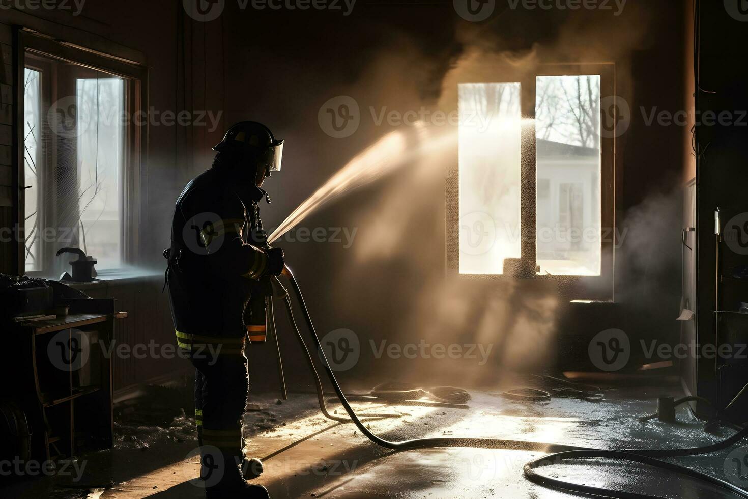 firefighters spraying water in fire fighting operation, Fire and rescue training school regularly. Neural network AI generated photo