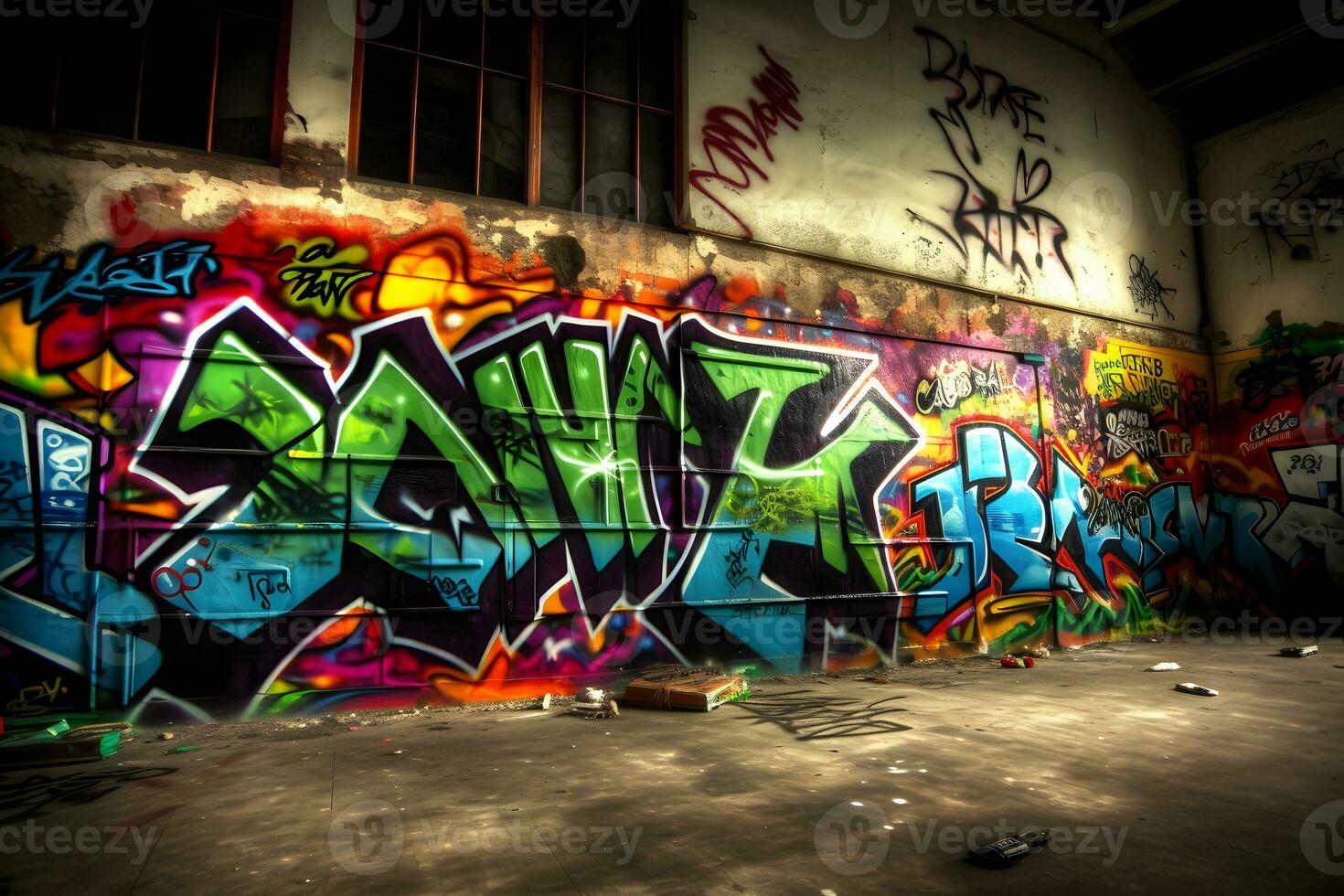 Beautiful street art graffiti style. The wall is decorated with abstract drawings house paint. Neural network AI generated photo