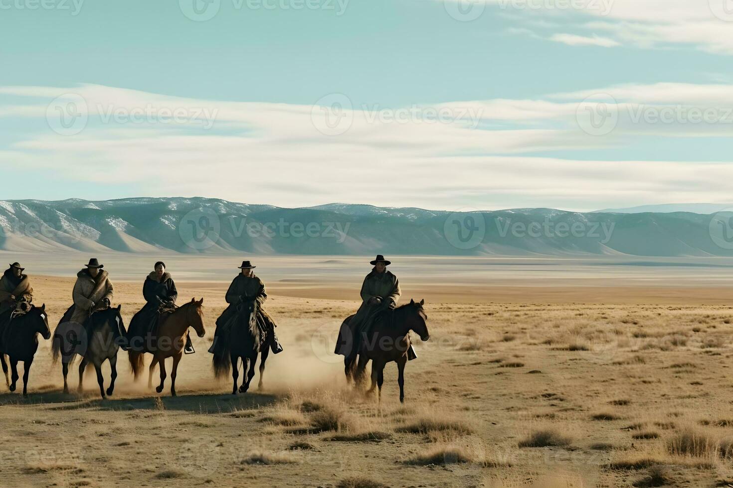 étnico mongoles en el estepa en lado de caballo. neural red ai generado foto