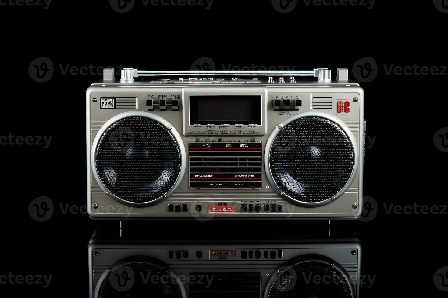 Retro outdated portable stereo boombox radio receiver with cassette recorder from circa late 70s. Neural network AI generated photo