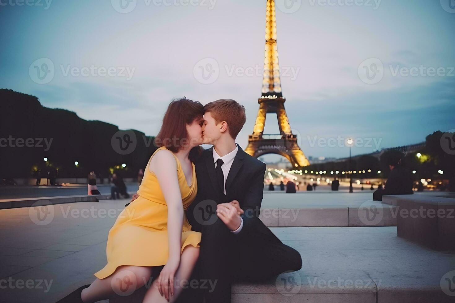 Happy smiling couple traveling in France taking selfie in Paris. Neural network AI generated photo