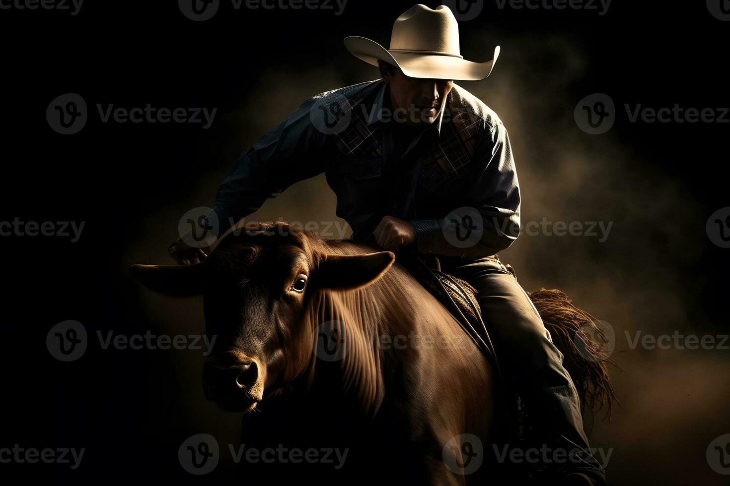 Cowboy on horse lassoing bull, Neural network AI generated photo