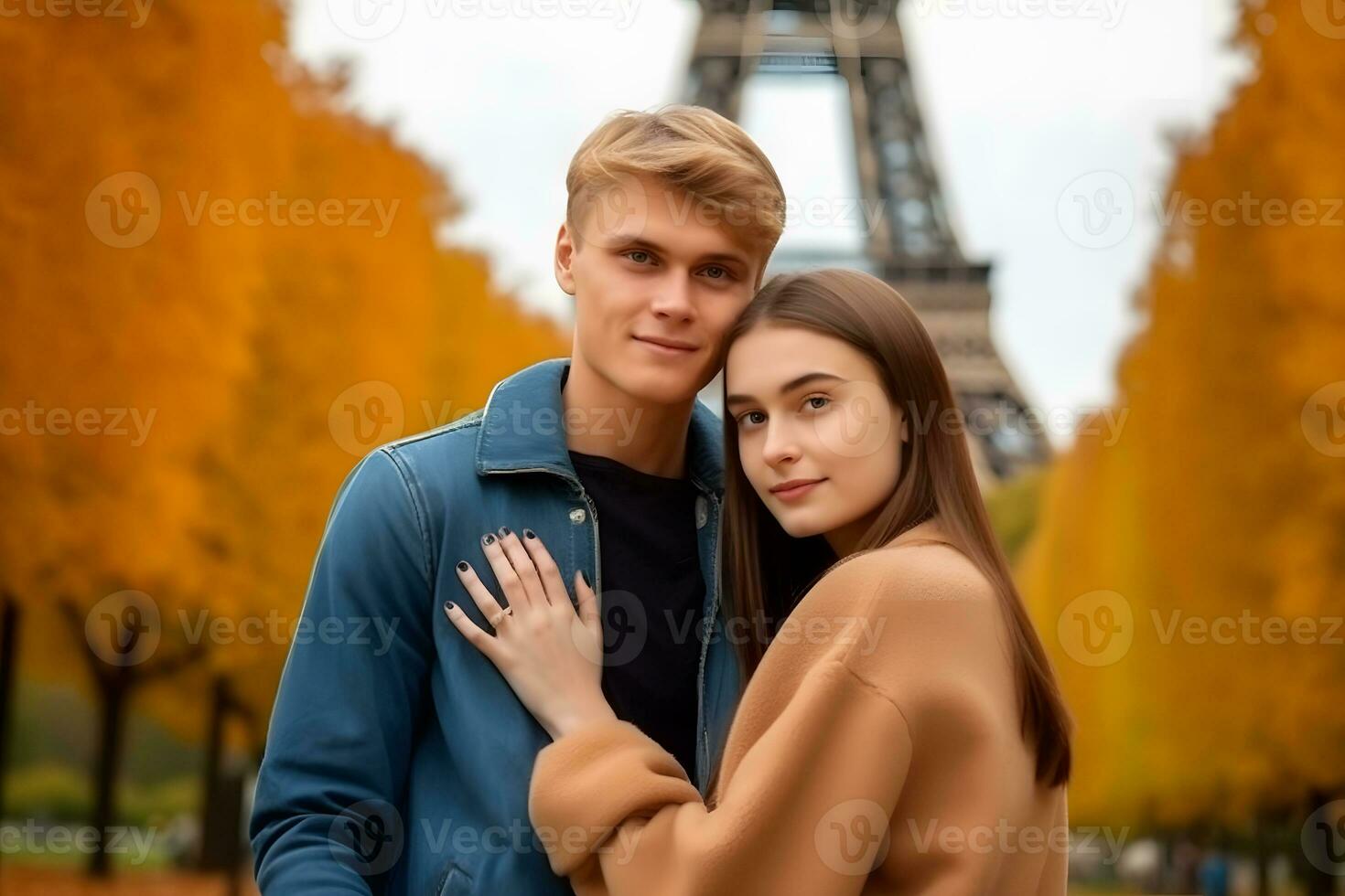 Happy smiling couple traveling in France taking selfie in Paris. Neural network AI generated photo