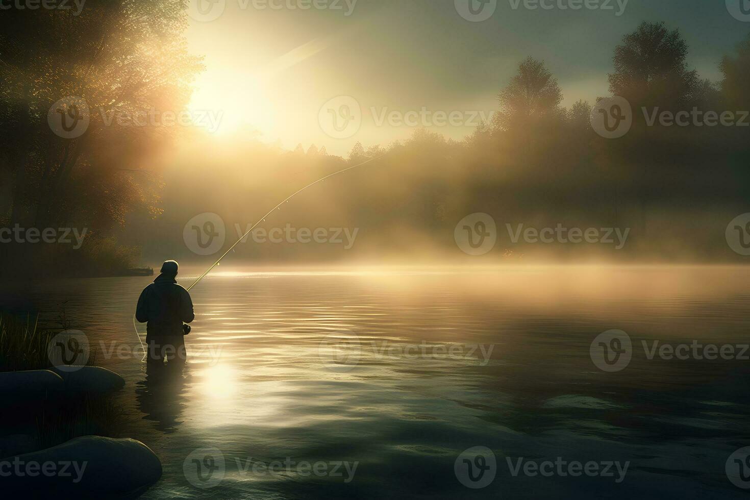 Fisherman by the lake at dawn. Neural network AI generated photo