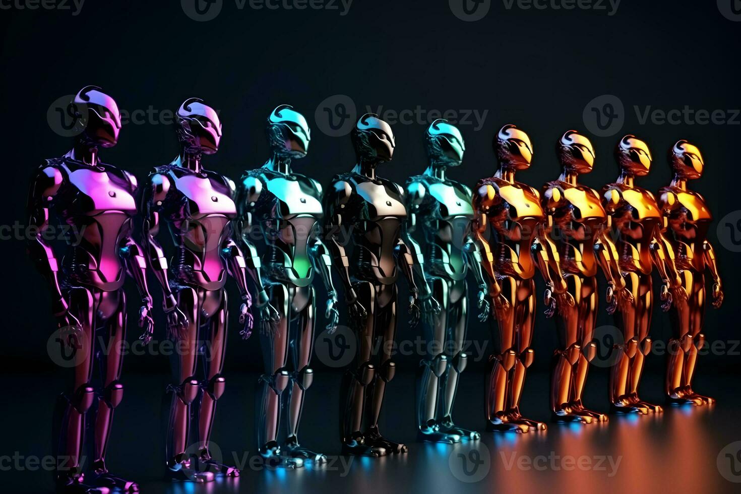 Robots stand in line. Neural network AI generated photo