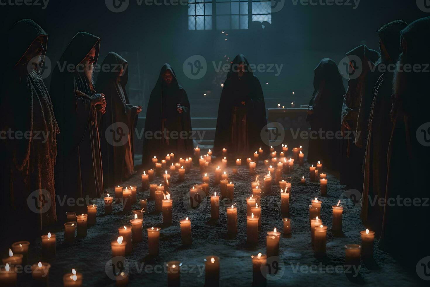 ritual de medieval sacerdotes con velas en el templo. neural red ai generado foto