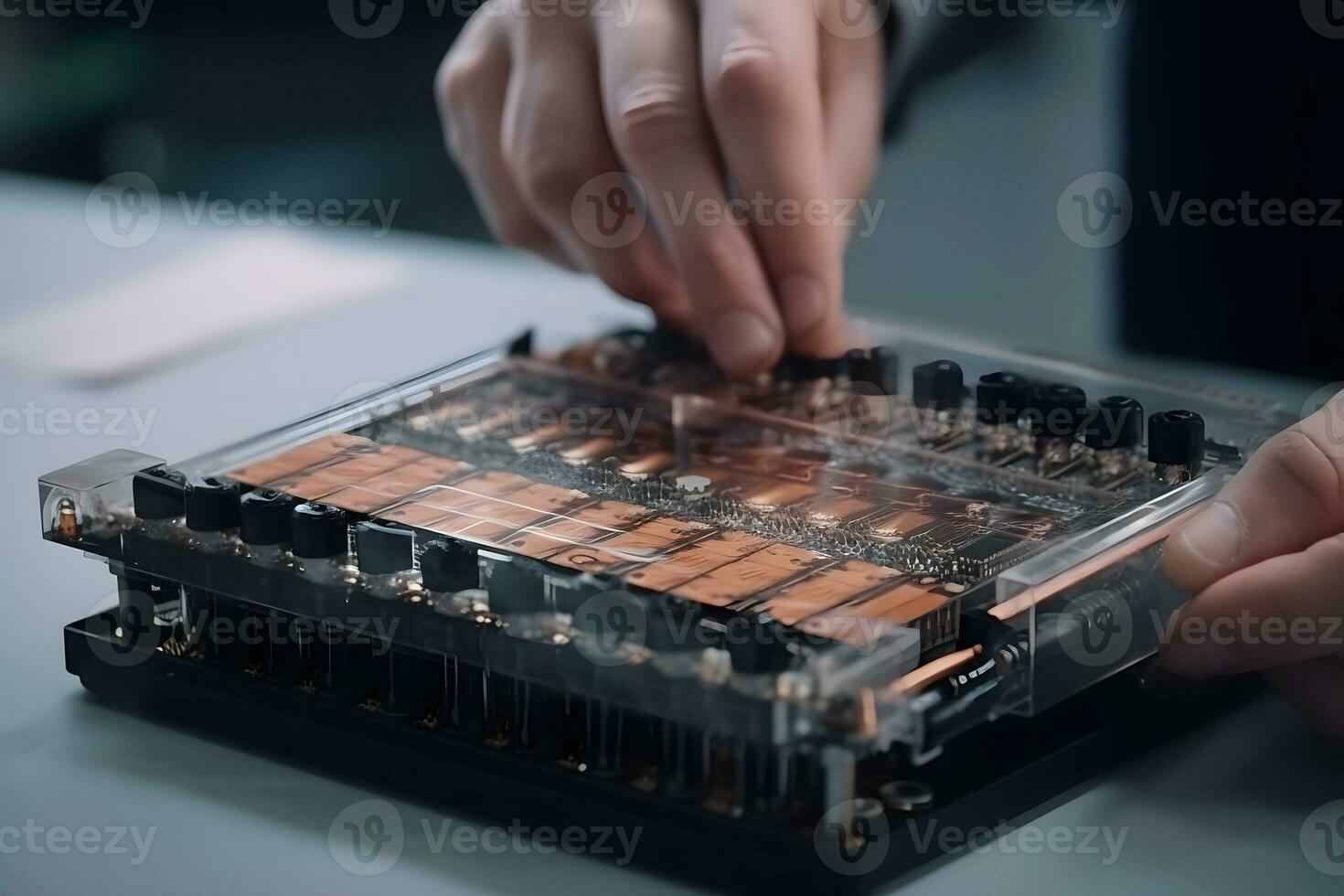 Presentation of a new battery for an electric car. Neural network AI generated photo