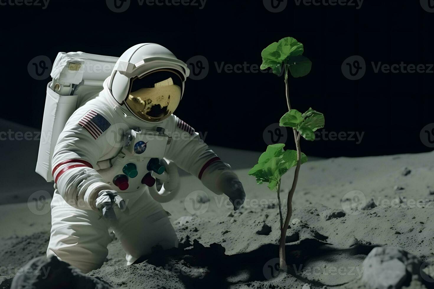 Astronaut planting a tree on the moon or mars. Neural network AI generated photo