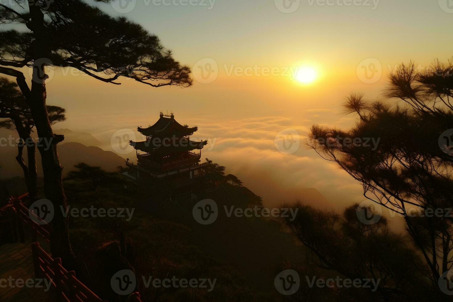 Chinese mountains in the mist sunrise. Neural network AI generated photo