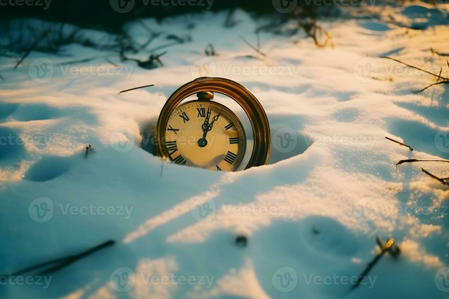 Vintage clock outdoors in winter. Neural network AI generated photo