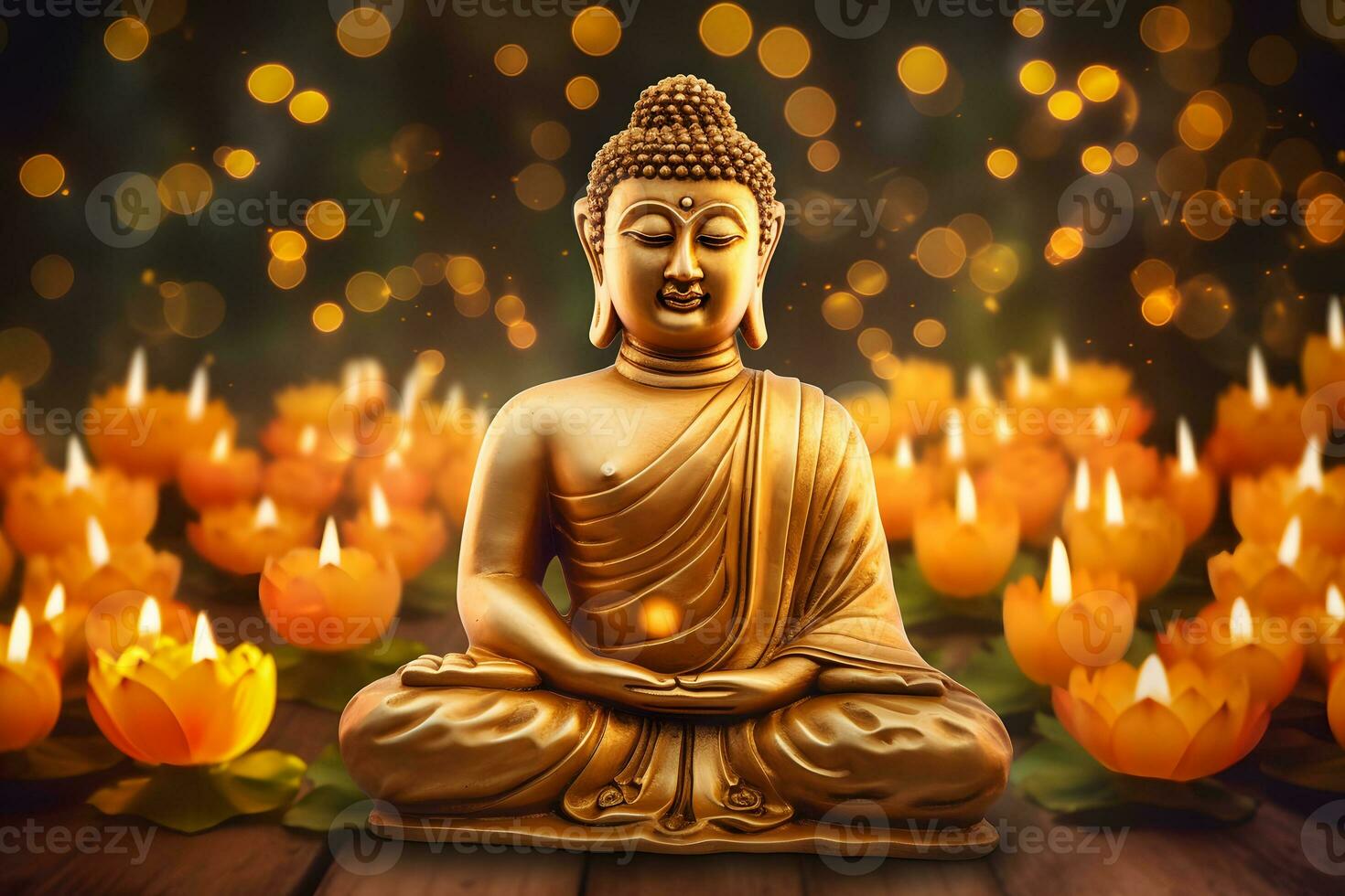 Meditation Buddha statue with candles and lotus. Neural network AI generated photo