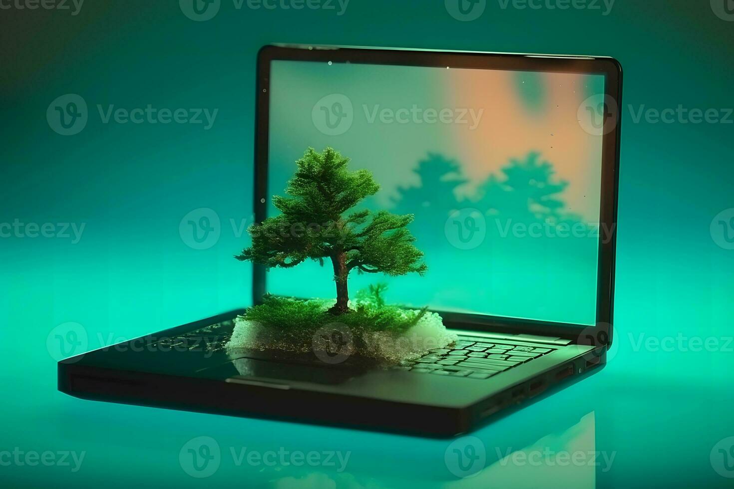 A tree grows from a laptop. Green information technology. Neural network AI generated photo