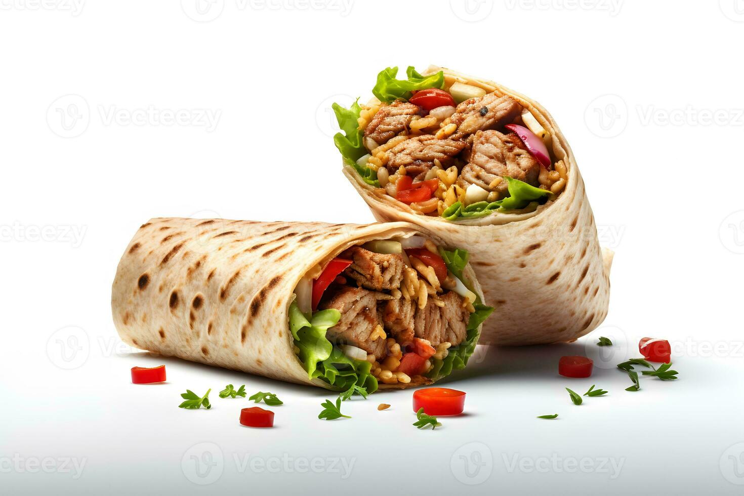 Appetizing shawarma on a white background. Neural network AI generated photo