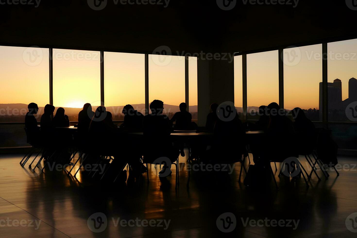 Stock market business and trading concept with group of people in office at sunset. Neural network AI generated photo