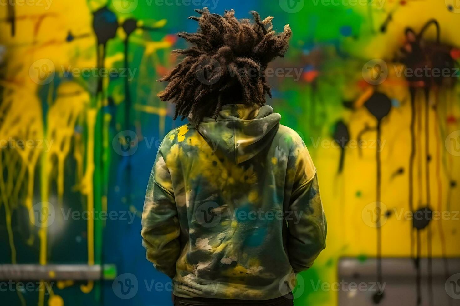 Back view of graffiti painter looking to the wall with his paintings. Street art concept. Neural network AI generated photo