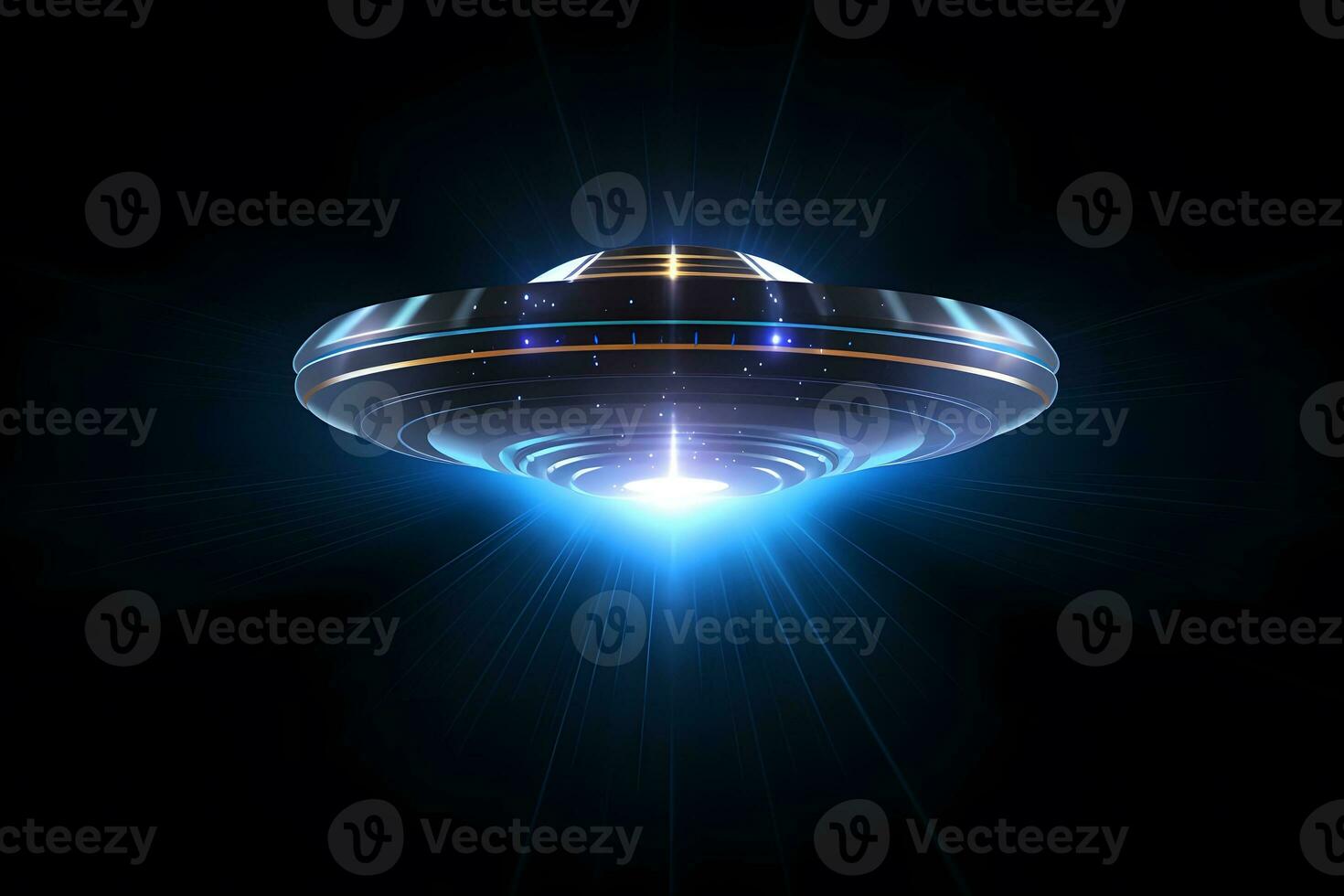 UFO, an alien plate hovering over the field, hovering motionless in the air. Neural network AI generated photo