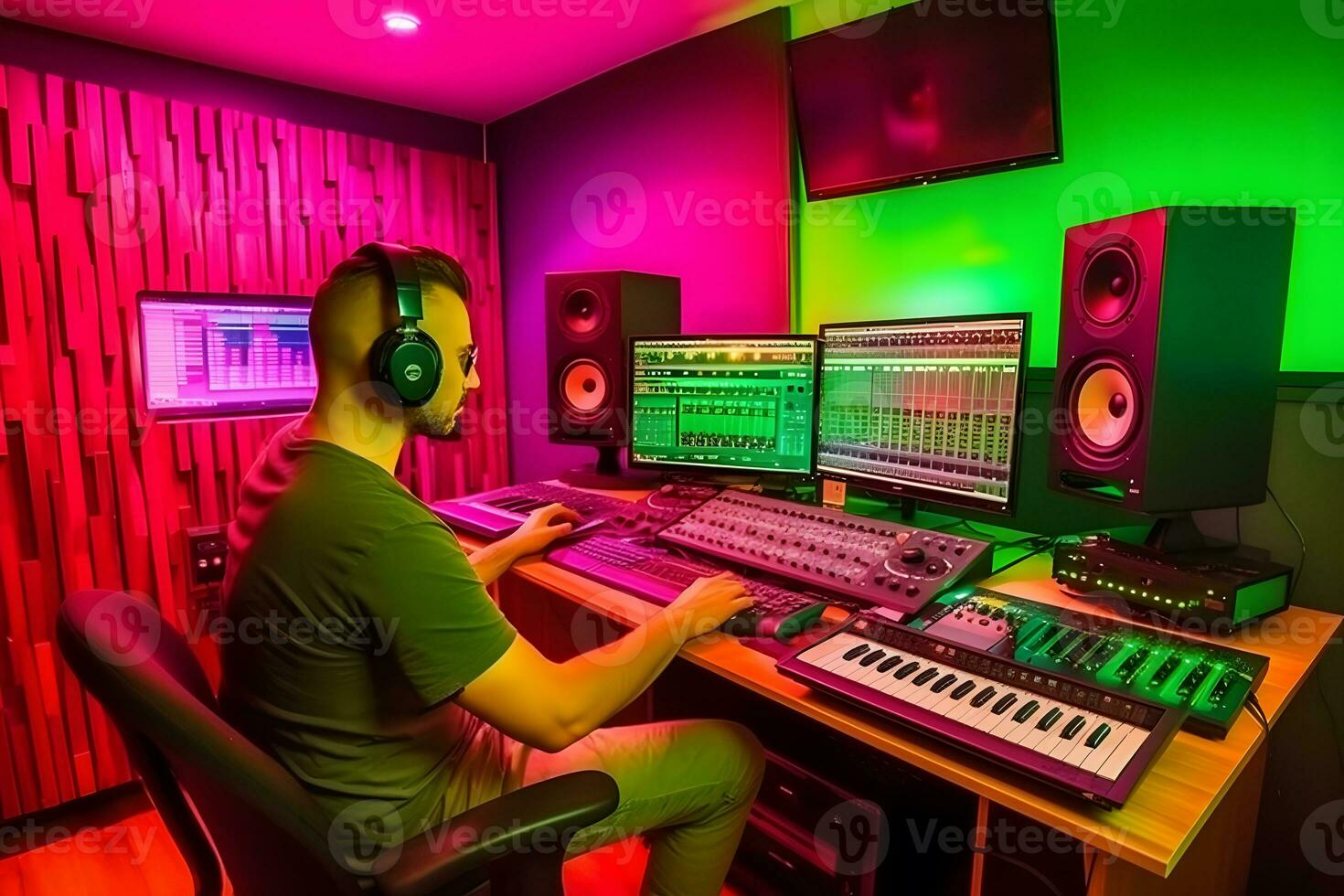 Producer working in sound design studio. Neural network AI generated photo