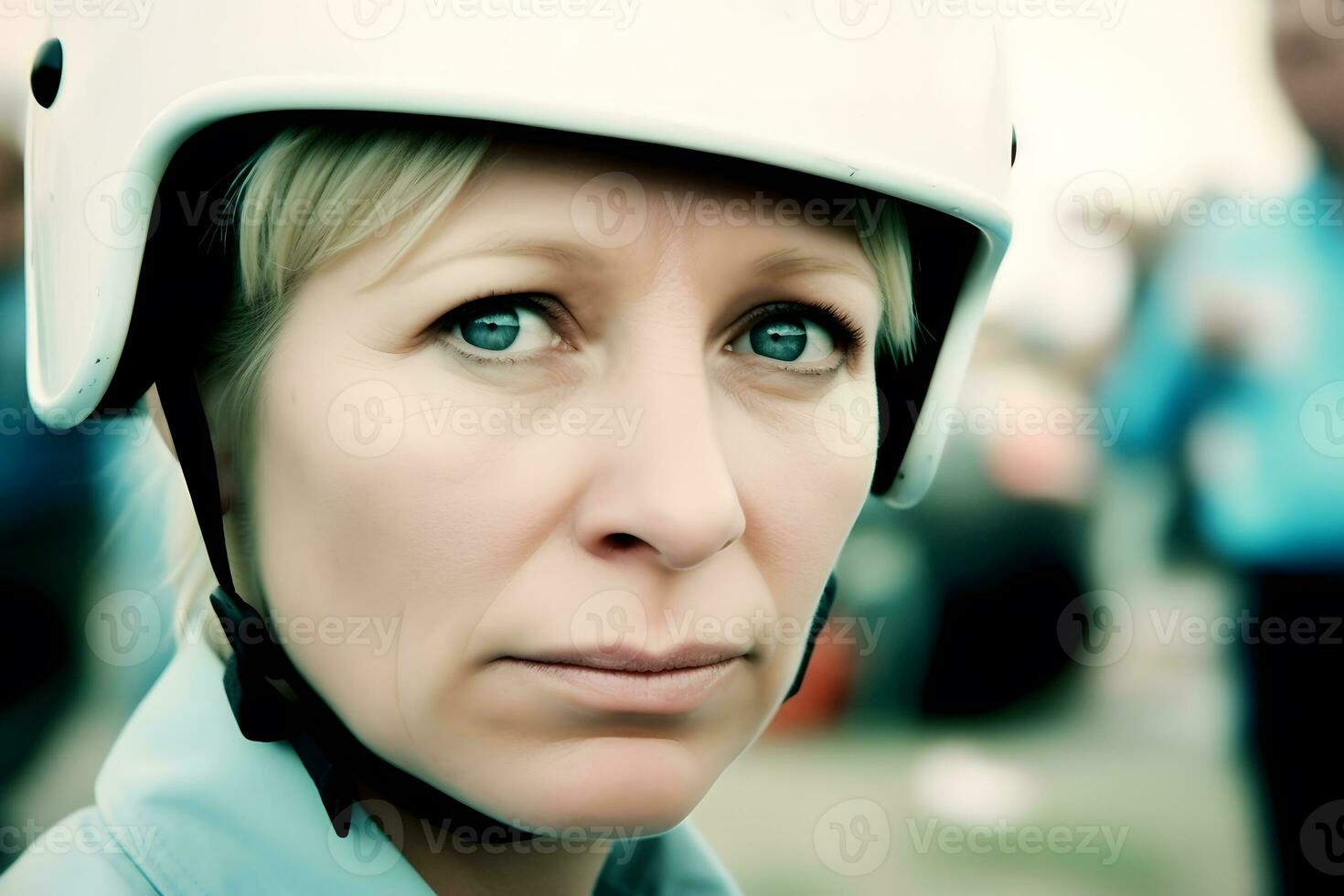 Female activist protesting with megaphone during a strike with group of demonstrator in background. Woman protesting in the city. Neural network AI generated photo