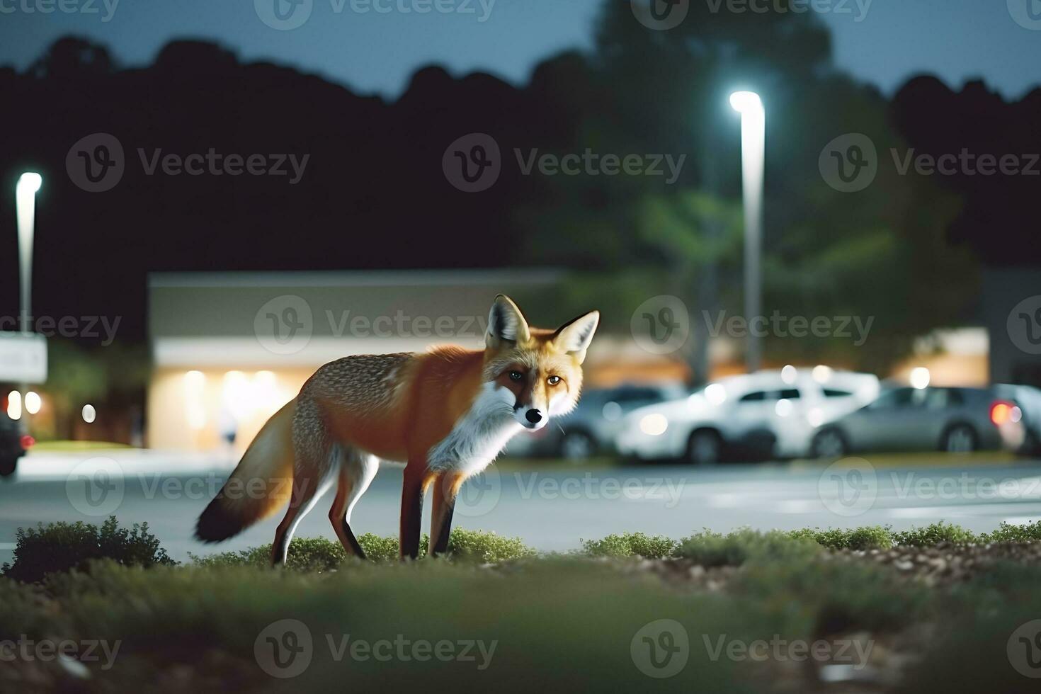 Urban fox scavenging on the edge of parkland in a residential area. Neural network AI generated photo