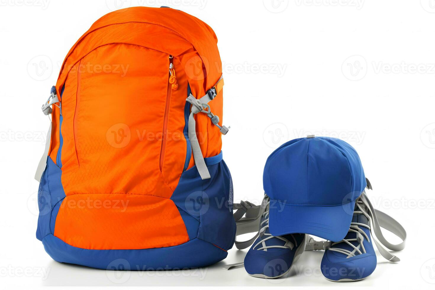 Travel set isolated on white background. Hat, backpack and boots. Neural network AI generated photo