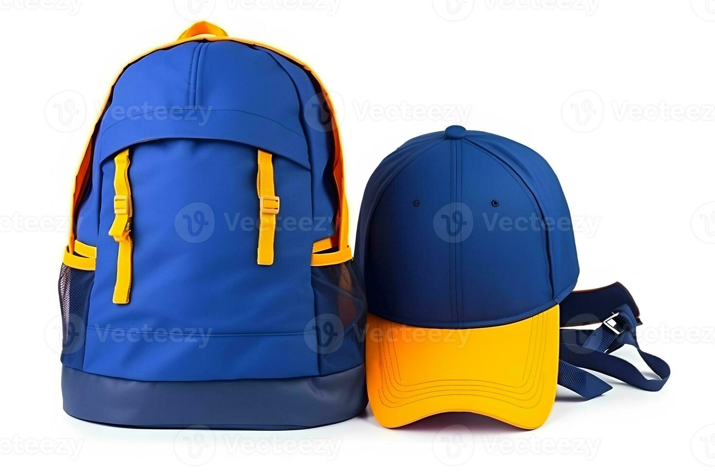 Travel set isolated on white background. Hat, backpack and boots. Neural network AI generated photo