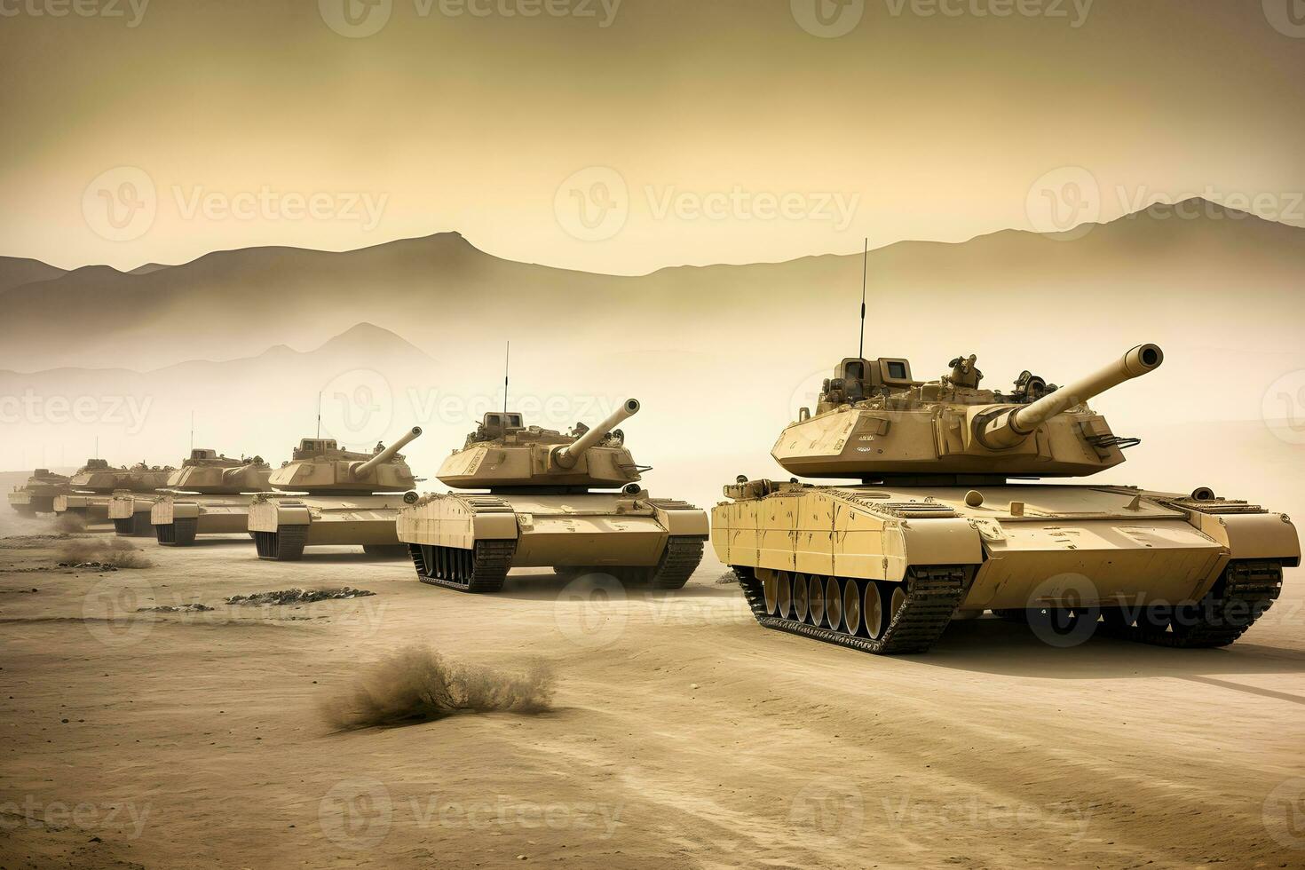 Group of main battle tanks with a city on fire on the background. One tank firing a shell from the barrel. Military or army special operation. Neural network AI generated photo